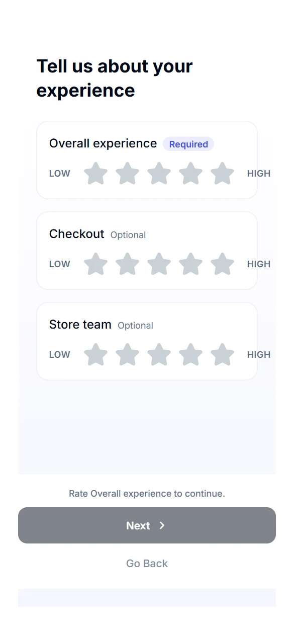 The customer form on a phone: overall experience, checkout, and store team, each rated with stars.