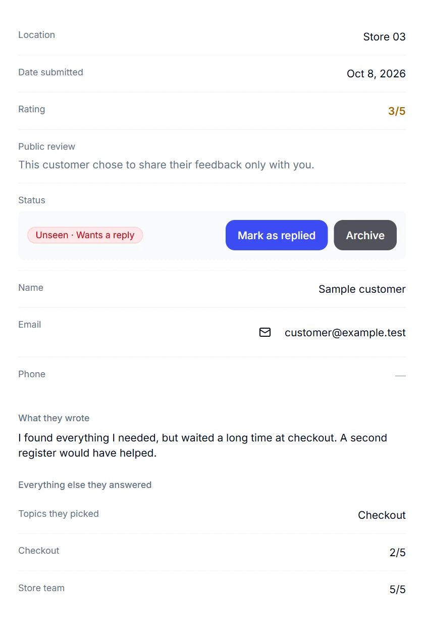 A response in Good Signal: rated 3 out of 5, the customer wants a reply about a long checkout wait.